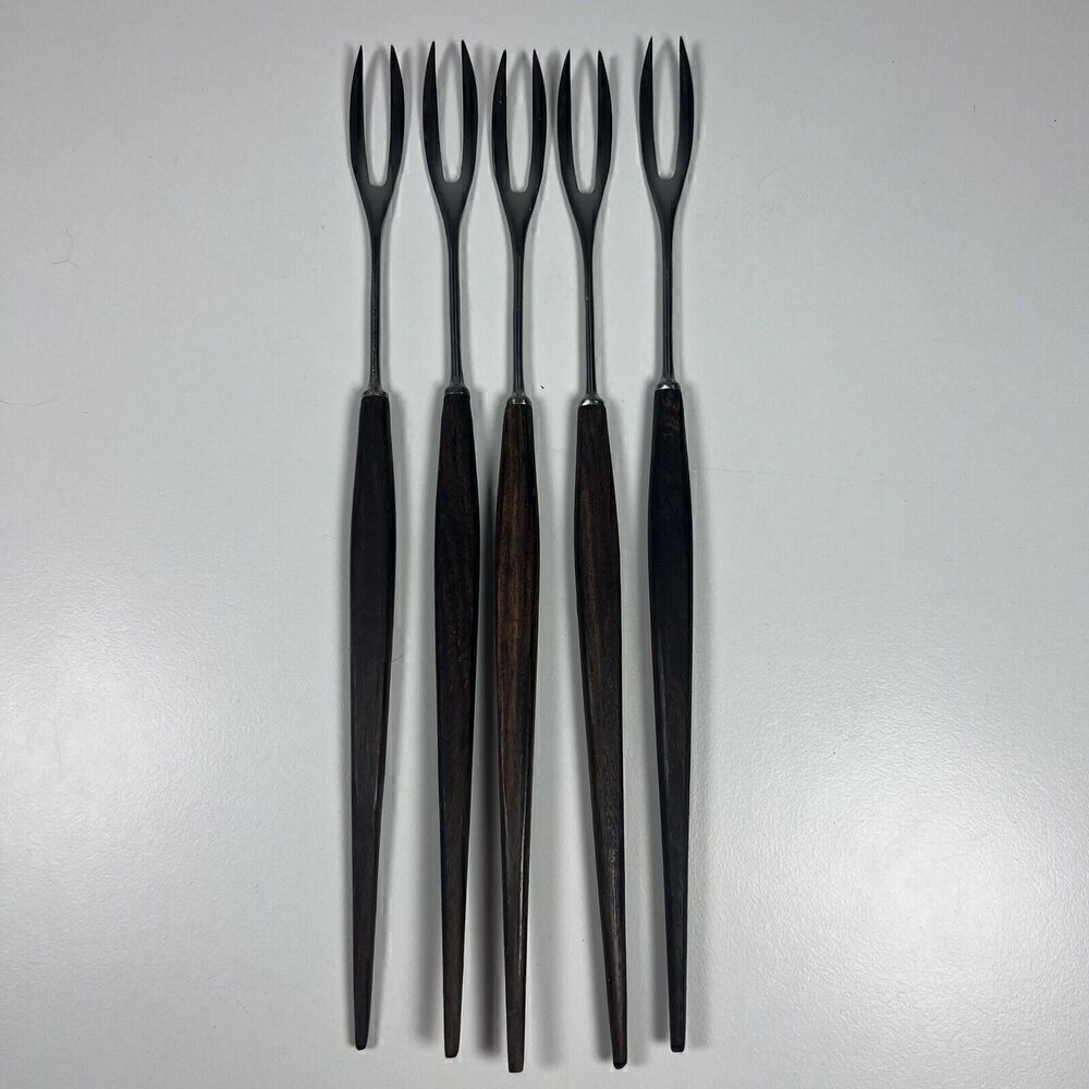Vintage Fondue Fork Set 5 Dark Wood Handles Made in Japan Unbranded 10.5”
